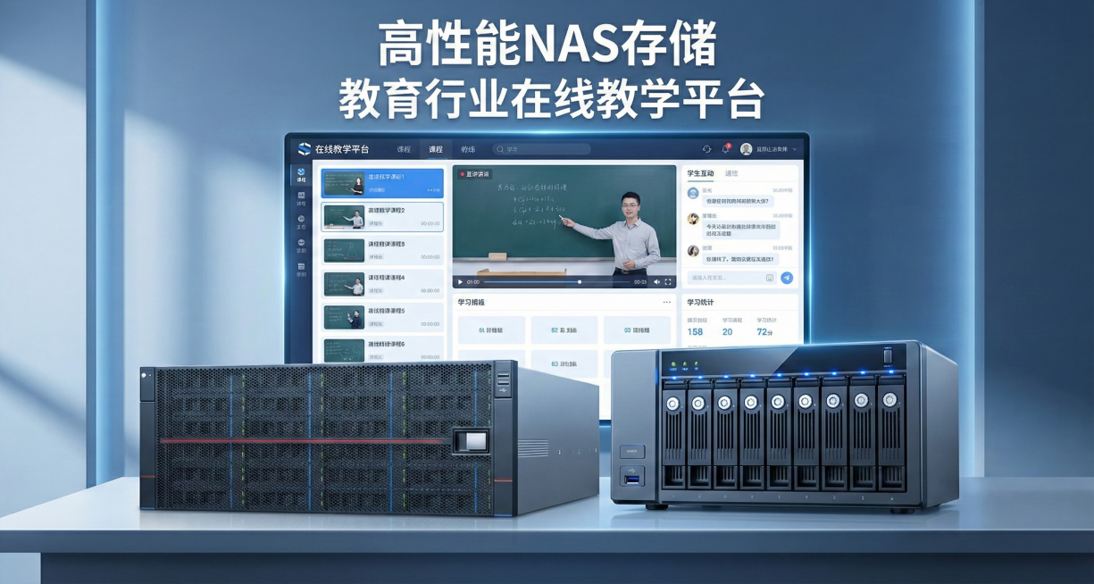 图片分辨率1124*400，高科技，数据存储设备，添加高性能NAS存储，字体不能在设备上，加教育行业背景图，生成6张图片预览效果
