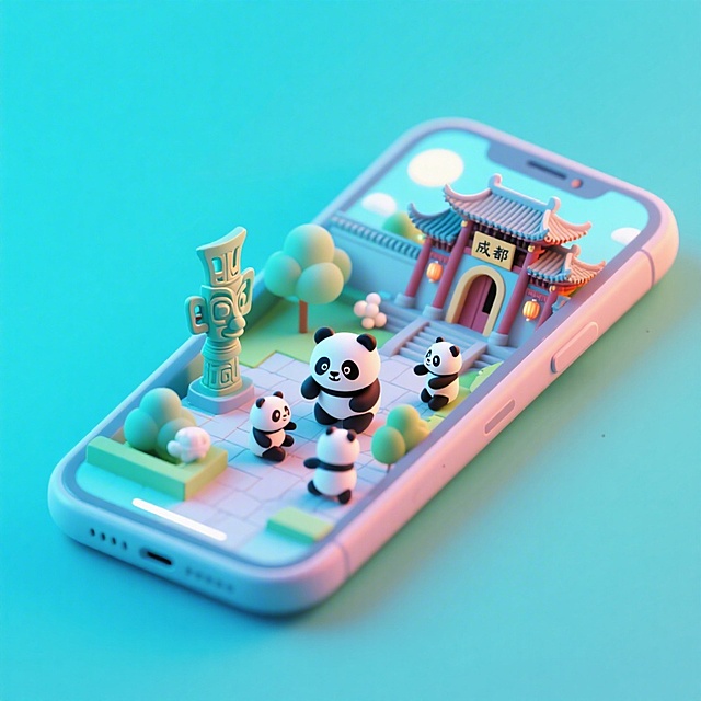 一个手机创意微缩场景，手机平放，侧面对着观众，手机俯视角度，立体的成都景观从屏幕内出来，有熊猫，三星堆，武侯祠，整体色调立体魔幻。青色背景。具有梦幻感,打光营造出柔和氛围强调梦幻和未来感的美学。