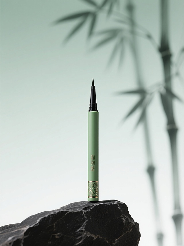 简约东方美学风格，主体是绿中式风外壳的眼线笔，置于黑色岩石台座，背景虚化融入水墨竹影，浅绿色渐变背景