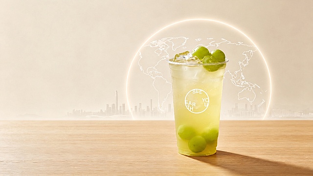 将图一杯身上的圆形logo "SEE YOU EARTH" 原封不动复制到图二杯身中间位置，保持杯子、背景、水果和所有其他元素完全不变，只添加logo不做任何其他修改。