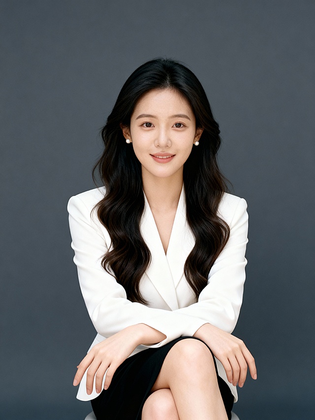 温柔白色上衣黑裙子坐姿女士形象照