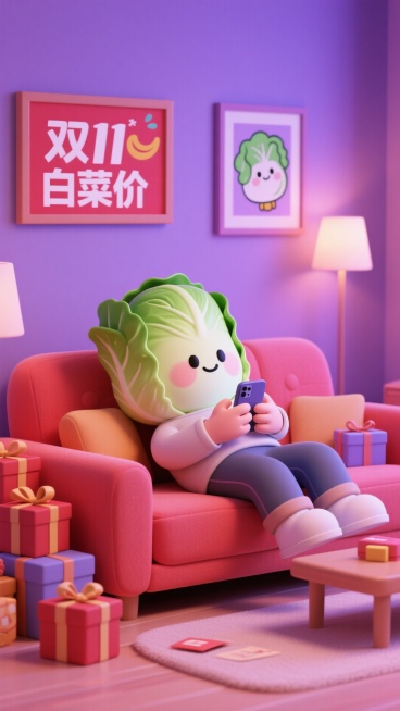 主视觉为一个白菜小人躺在沙发上刷手机购物，沙发旁放着堆满商品礼盒、玩具，写着“双11白菜价”的卡通挂画挂在墙上，客厅场景，红紫色调。预览效果