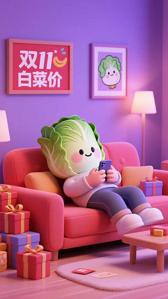 主视觉为一个白菜小人躺在沙发上刷手机购物，沙发旁放着堆满商品礼盒、玩具，写着“双11白菜价”的卡通挂画挂在墙上，客厅场景，红紫色调。