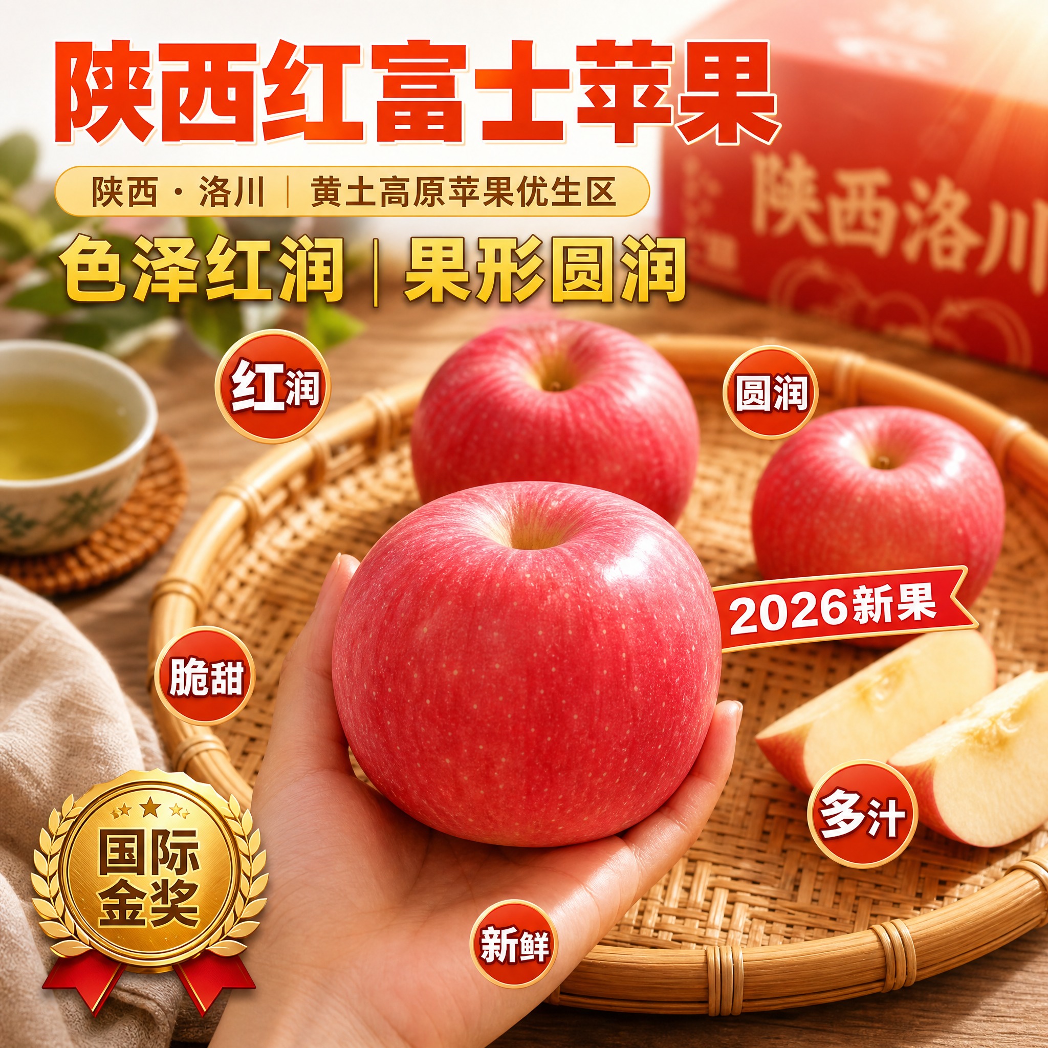 [主图-3] 陕西红富士苹果京东生鲜电商主图，竹制托盘场景，手… - 图片创意预览