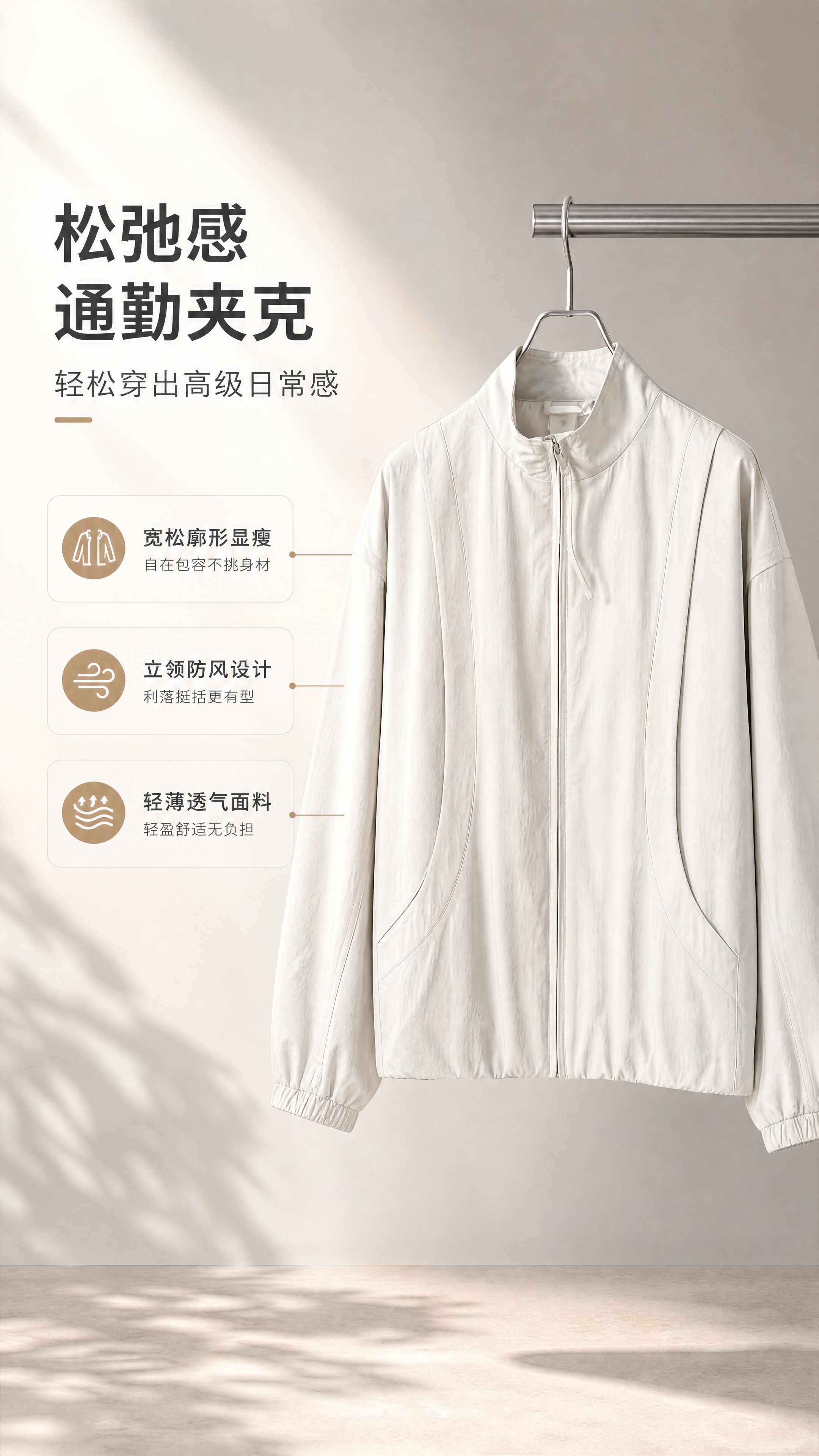 [商品] 使用【图1】米白色立领廓形休闲夹克；商品处理：保留立… - 图片创意预览
