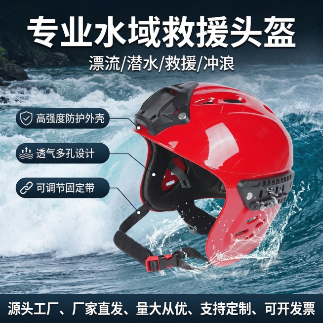 参考示例图的海报样式，将红色水域救援头盔制作成1688电商主图海报，背景为激流海浪水域场景，主标题文字“专业水域救援头盔”，副标题“漂流/潜水/救援/冲浪”，左侧展示产品特性：高强度防护外壳、透气多孔预览效果