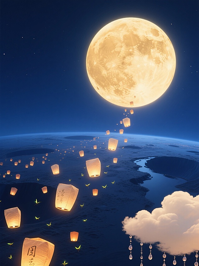 俯瞰镜头，一轮占据画面三分之二的暖金色满月悬在深邃的靛蓝色夜空，表面月海与环形山间漂浮着无数半透明的孔明灯，它们如同萤火虫群落般从月表缓缓升起，向地球方向流动，其中几盏灯上可见模糊的毛笔字迹，月光穿透灯纸形成朦胧的光晕，右下角有一片被月光浸染成象牙白的云朵，边缘挂着半串晶莹的露珠，整个画面散发着团圆思念的温暖与宇宙亘古的静谧。