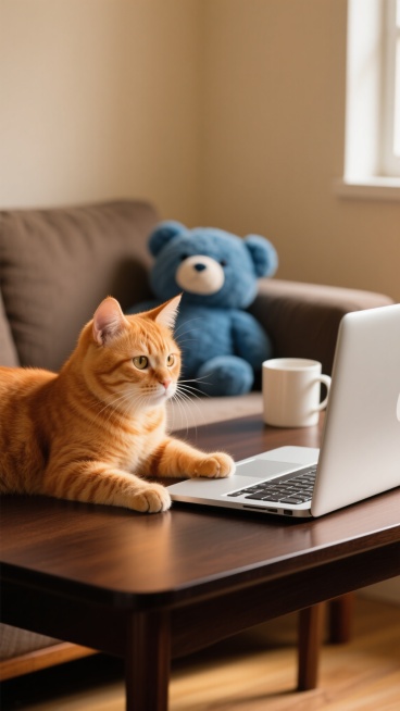 一张室内环境下的写实风格照片，画面主体是一只橘色毛发的猫咪，它正趴在一张深色的木质书桌上，前爪搭在一台银色的笔记本电脑键盘上，脑袋微微倾斜，眼神专注地盯着电脑屏幕，耳朵竖起，胡须清晰可见。猫咪的身后，沙发上放着一个蓝色的毛绒小熊玩偶，旁边还有一个白色的马克杯放在书桌边缘。整体画面采用暖色调，以橙色和黄色为主，光线柔和地从左侧窗户洒入，在猫咪和物体上形成自然的光影过渡，营造出温馨舒适的居家氛围，……预览效果