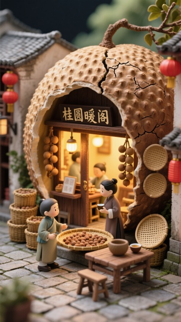 宫崎骏动画风格结合细致工笔画，温馨治愈的光影。一家造型为巨大风干桂圆的店铺“桂圆暖阁”，桂圆壳作为屋顶有自然裂纹，入口是果壳开裂形成的拱门，门上成串悬挂着带枝的桂圆干。暖黄灯光从内部透出。店铺位于古色预览效果