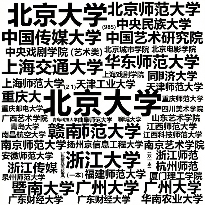 北京大学（985）、北京师范大学（985）（包括珠海校区）、中央民族大学（985）、中国传媒大学（211）、中国艺术研究院、中央戏剧学院（艺术类）、北京城市学院（二本）、北京电影学院（艺术类）、上海交预览效果