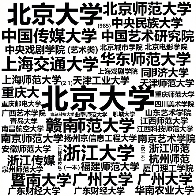 北京大学（985）、北京师范大学（985）（包括珠海校区）、中央民族大学（985）、中国传媒大学（211）、中国艺术研究院、中央戏剧学院（艺术类）、北京城市学院（二本）、北京电影学院（艺术类）、上海交通大学（985）、华东师范大学（985）、上海戏剧学院（艺术类）、同济大学（985）、上海师范大学（一本）、天津工业大学（双一流）、天津师范大学、重庆大学（985）、重庆师范大学（一本）、重庆邮电大学（一本）、四川美术学院（艺术类）、广西艺术学院、山东师范大学（一本）、青岛科技大学（一本）、曲阜师范大学（二本）、聊城大学（二本）、山东艺术学院（艺术类）、青岛大学（一本）、南昌大学（211）、南昌航空大学（一本）、江西师范大学（一本）、赣南师范大学（二本）、江西科技师范大学（二本）、南京师范大学（211）、扬州大学（一本）、南京信息工程大学（一本）、南京艺术学院（艺术类）、江苏师范大学（一本）、安徽师范大学（一本）、安徽财经大学（一本）、浙江大学（985）、浙江师范（一本）、杭州师范（一本）、浙江传媒（艺术类）、福建师范大学（一本）、泉州师范大学（二本）、厦门理工学院（二本）、暨南大学（211）、广州大学（一本）、广东财经大学（二本）、华南农业大学（一本） 以上内容做成词云图的形式，要求背景为纯白色，文字为纯黑色