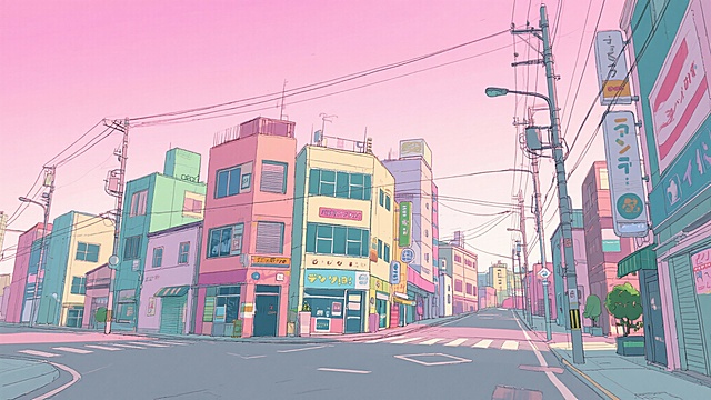 二次元，浪漫，约会，城市，街道，景点，天空，不要人物，生成10张，细节丰富，元素多彩，浅粉色，不要人物