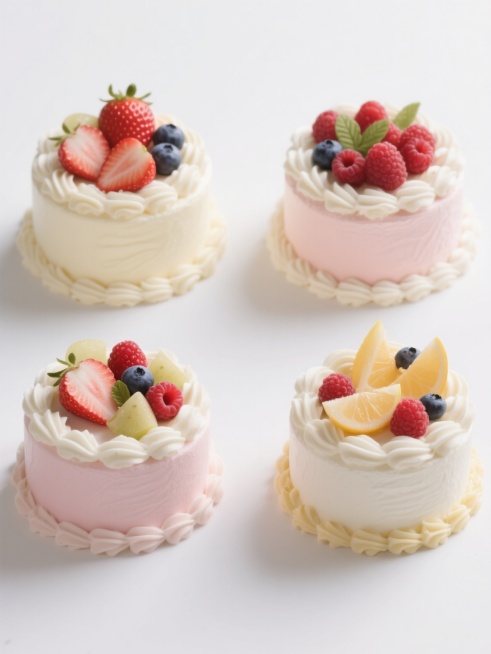 4款不同外观样式配色的圆形奶油蛋糕，白色背景，整齐排列成两行两列。每个蛋糕都有细腻光滑的奶油表面，顶部装饰着不同种类的新鲜水果，包括草莓、蓝莓、覆盆子等，边缘有精致的奶油花纹和水果切片装饰，整体呈现出清新、甜美、高质感的3D写实风格，光影柔和，色彩鲜艳，细节丰富，具有强烈的食欲感和视觉吸引力。预览效果