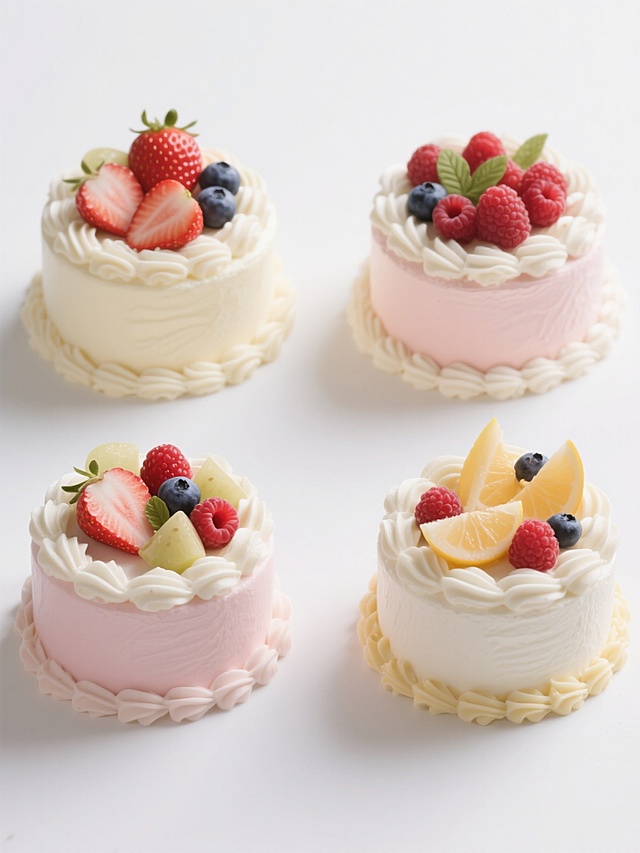 4款不同外观样式配色的圆形奶油蛋糕，白色背景，整齐排列成两行两列。每个蛋糕都有细腻光滑的奶油表面，顶部装饰着不同种类的新鲜水果，包括草莓、蓝莓、覆盆子等，边缘有精致的奶油花纹和水果切片装饰，整体呈现出清新、甜美、高质感的3D写实风格，光影柔和，色彩鲜艳，细节丰富，具有强烈的食欲感和视觉吸引力。