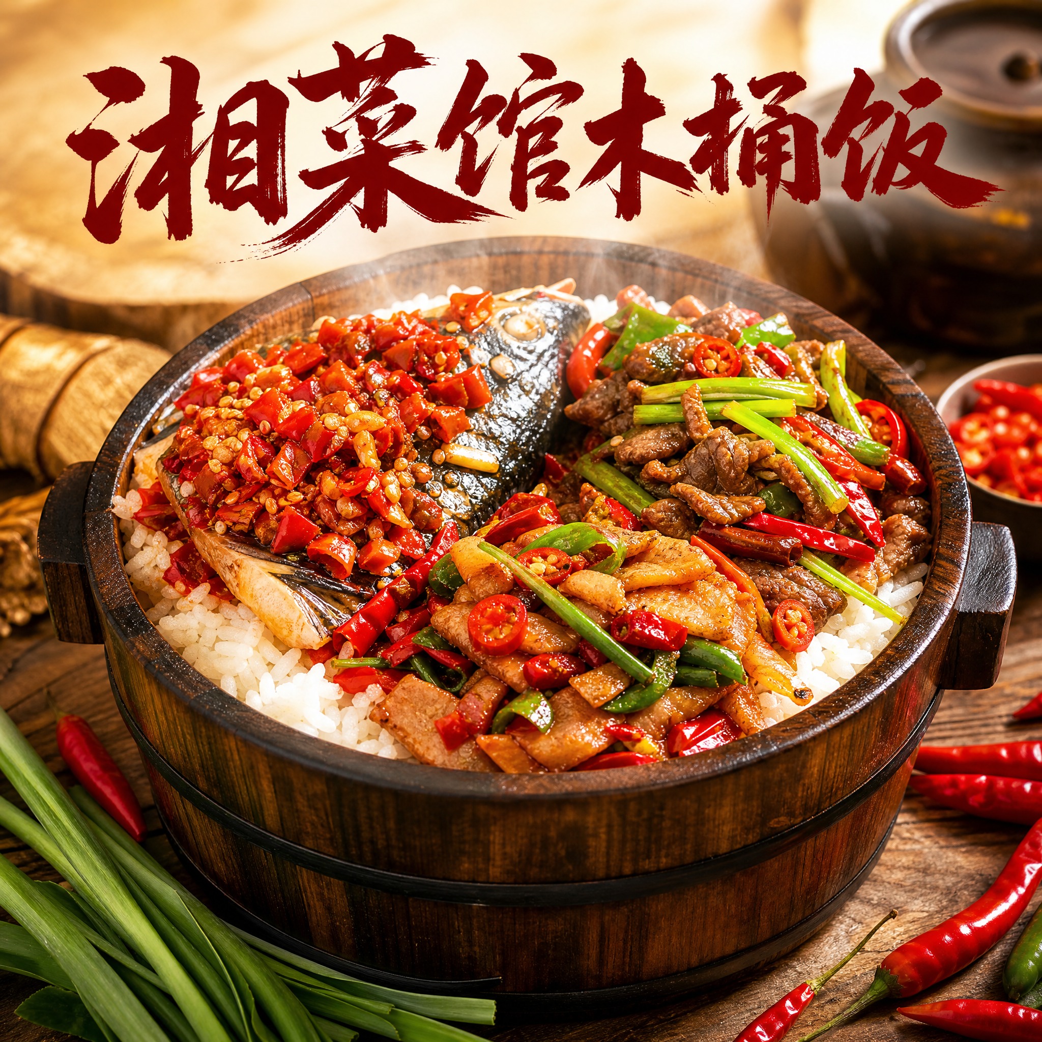 湘菜馆木桶饭头像设计，正方形构图，无圆形边框。画面中央是一碗热… - 图片创意预览