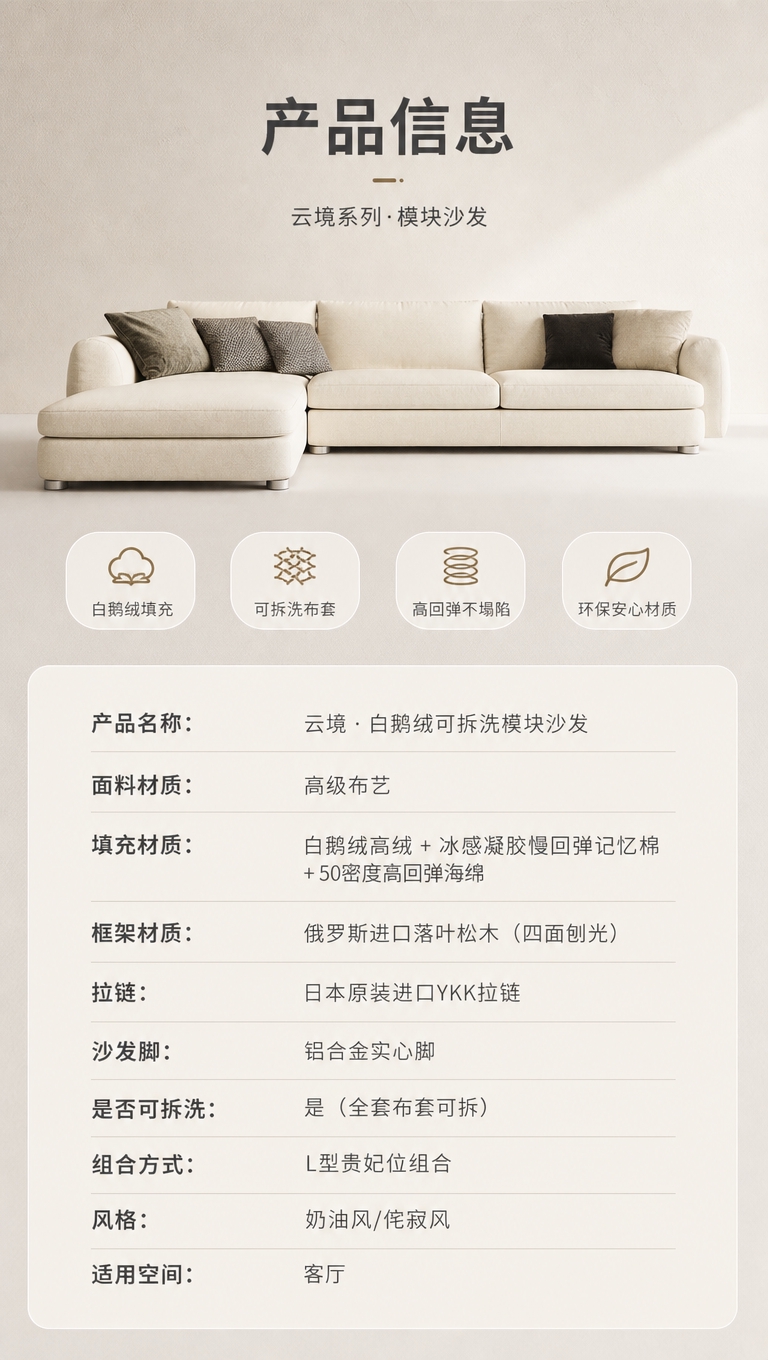 [商品] 使用【图1】米白色L型模块布艺沙发；商品处理：保留整… - 图片创意预览
