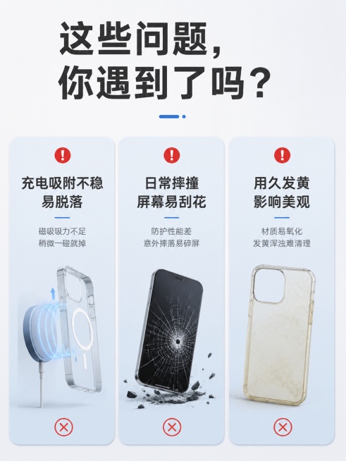 [第2屏] 痛点直击- iPhone17手机壳常见使用困扰。无需产品主体展示
[氛围/风格] 简约问题导向风，浅灰渐变背景，清晰图文分层，直观专业。
[元素布局] 顶部大标题区，下方分三栏卡片，分别展预览效果