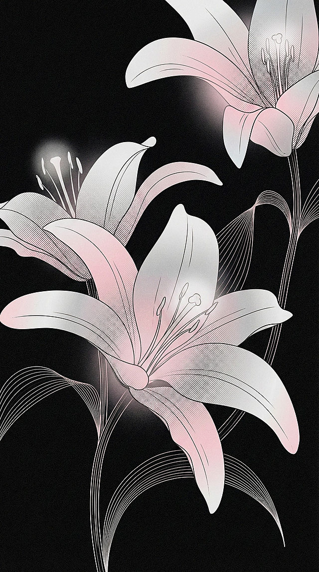 唯美插画风，银白渐变花瓣搭配细腻描边，光影交织中透出梦幻浪漫感，金属质感与虚拟自然融合，优雅呈现静谧之美。