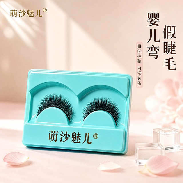 [主图-1] 萌沙魅儿婴儿弯假睫毛 首图品牌调性 极简静物高级感。
[统一基调] 整体风格温柔清透日常氛围感，背景主色奶油白+淡粉裸调，标题字色深棕咖色，辅助字色浅棕灰，强调色豆沙粉，字体为干净非衬线体，字号层级分明，卡片为圆角半透明浅粉卡片，无厚重边框。
[画面] 画面中心展示萌沙魅儿婴儿弯假睫毛产品（蒂芙尼蓝睫毛托盘中的一对黑色假睫毛，保持产品外观颜色结构完全一致），产品微微仰角摆放，占画面约65%。背景为柔和渐变的奶油白到淡粉色，左侧有轻柔的窗光斜射，右下角点缀几片淡粉色花瓣和透明亚克力小方块作为装饰。左上角放置萌沙魅儿品牌标识（与产品上的金色字体风格一致）。整体为高级静物商业摄影质感，突出自然柔和的弧度。
[光影质感] 柔光箱布光，主光从左上方45度打下，产品右侧有柔和补光，底部有自然接触阴影，睫毛纤维根根分明，托盘有细腻的塑料光泽，整体通透干净。
[配色] 奶油白主背景 + 淡粉裸调点缀 + 深棕标题 + 浅棕辅助文 + 豆沙粉强调色，产品蒂芙尼蓝托盘保留原色形成视觉焦点。
[文字版式] 右上角竖排主标题「婴儿弯假睫毛」，下方小字副标题「自然裸妆 日常必备」，文字不遮挡产品主体，放在负空间。
[输出要求] 1:1正方形，2048x2048，2K高清，文字清晰可读，产品清晰不变形，无错字，无杂乱元素，无水印，无平台Logo，无多余手指，无人物面部。