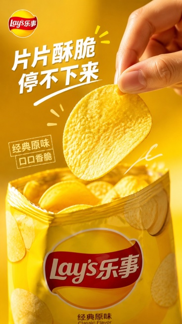 乐事薯片短视频关键画面，拍摄人手拿起一片乐事薯片送入口中，展示金黄酥脆的薯片纹理，真实零食特写，年轻动感食欲感，暖黄色光影，背景干净突出主体，文字清晰，排版精美预览效果