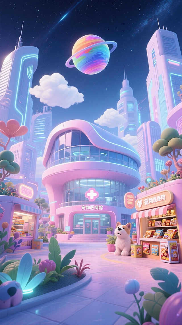 画面中心是巨型宠物医院馆，周围有未来感城市建筑、彩色星球、云、宠物零食店铺、奇特植物，背景是星空，低饱和蓝粉色调