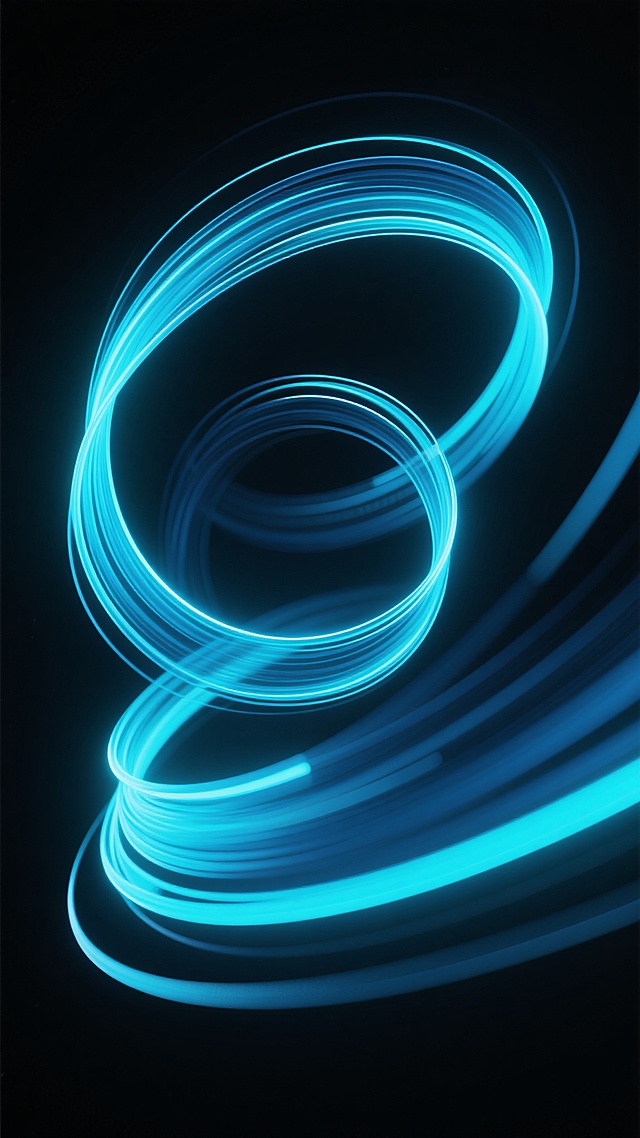 黑色背景上，以光纤为主题的抽象科技感设计，呈现出变换样式的发光线条与环形结构，采用深邃蓝与亮青色的渐变光效，线条流畅且富有动感，光影对比强烈，营造出神秘而未来主义的氛围，视觉层次分明，光线细节丰富，整体风格统一且具有强烈的科技设计感。