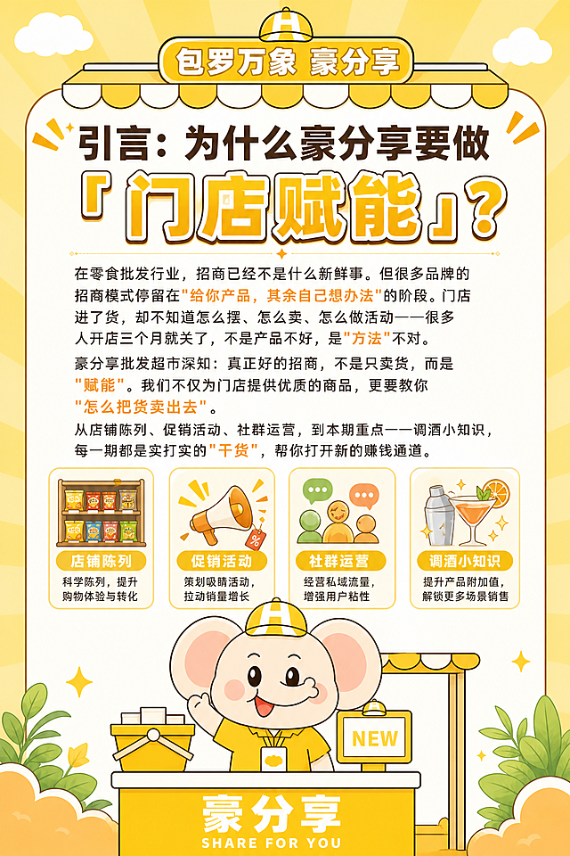 竖版门店赋能引言招商图文，整体统一黄色主题，参考图中大象摊位卡通形象，调整大象为黄色衣服、正常肤色皮肤，保留原可爱招手设计，主标题："引言：为什么豪分享要做「门店赋能」？"，完整保留全部文案：在零食批发行业，招商已经不是什么新鲜事。但很多品牌的招商模式停留在"给你产品，其余自己想办法"的阶段。门店进了货，却不知道怎么摆、怎么卖、怎么做活动——很多人开店三个月就关了，不是产品不好，是"方法"不对。豪分享批发超市深知：真正好的招商，不是只卖货，而是"赋能"。我们不仅为门店提供优质的商品，更要教你"怎么把货卖出去"。从店铺陈列、促销活动、社群运营，到本期重点——调酒小知识，每一期都是实打实的"干货"，帮你打开新的赚钱通道。段落排版清晰透气，核心观点突出，顶部保留"包罗万象 豪分享"，底部保留"豪分享 SHARE FOR YOU"，卡通插画风格，干货科普黄色主题，适配公众号竖版图文