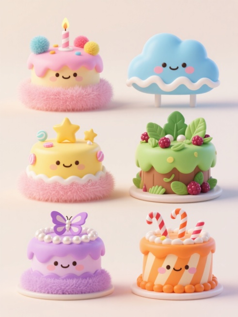 六个不同样式的可爱卡通风格蛋糕，上下两行各三个对齐排列，浅色背景。第一个是粉色渐变奶油配彩色毛球和点燃的蜡烛，第二个是蓝色云朵造型带白色糖霜浪花，第三个是黄色星星主题点缀五角星糖果，第四个是绿色森系风预览效果