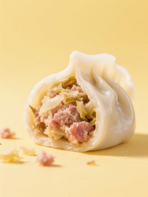 高写实食品摄影风格的牛肉酸菜馅饺子海报，纯色浅黄色背景，展示切开的饺子特写，内馅可见浅褐色酸菜末碎与浅红色肉末，饺子皮为半透明米白色，具有真实的面粉质感和自然褶皱细节，周围散落少量馅料食材，光线从右上预览效果