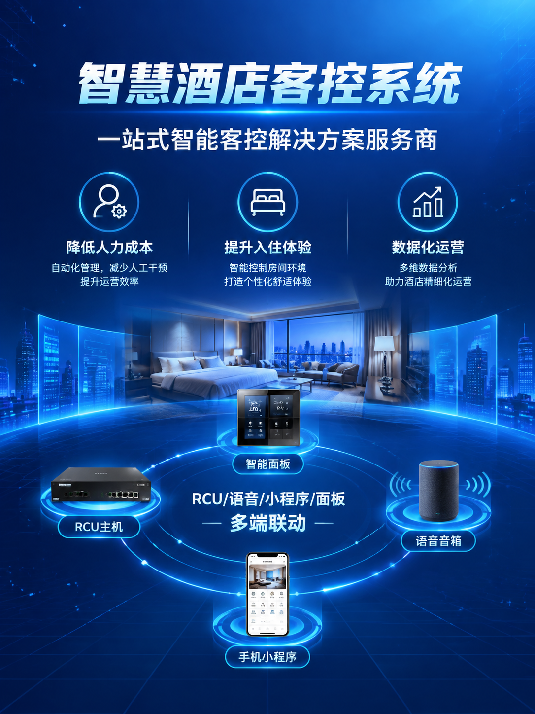 科技商务风竖版传单第一页，智慧酒店客控服务商品牌形象页。深蓝色… - 图片创意预览