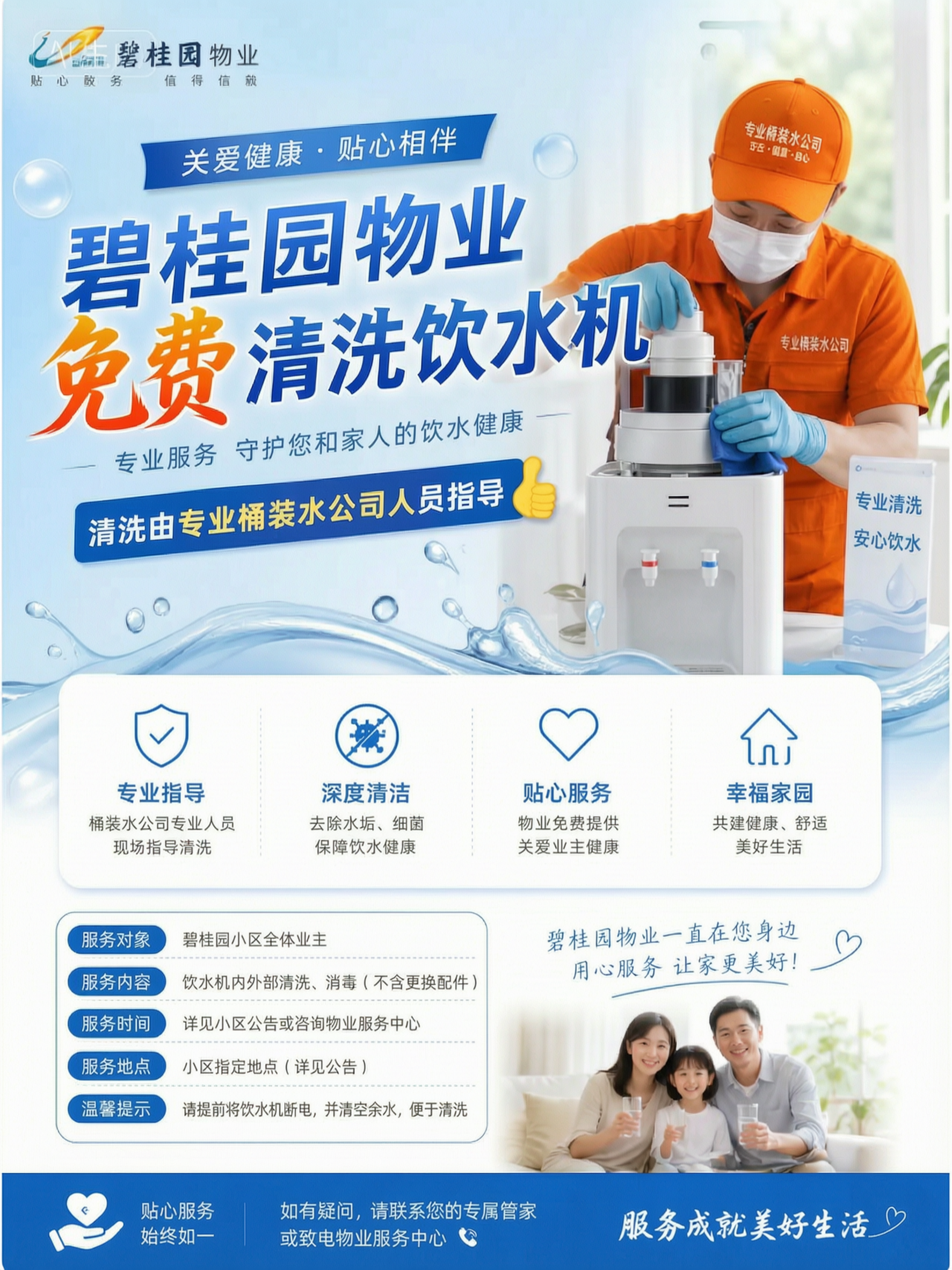 将图中上方清洗饮水机的工作人员的蓝色工作服、蓝色帽子都换成橙色… - 图片创意预览