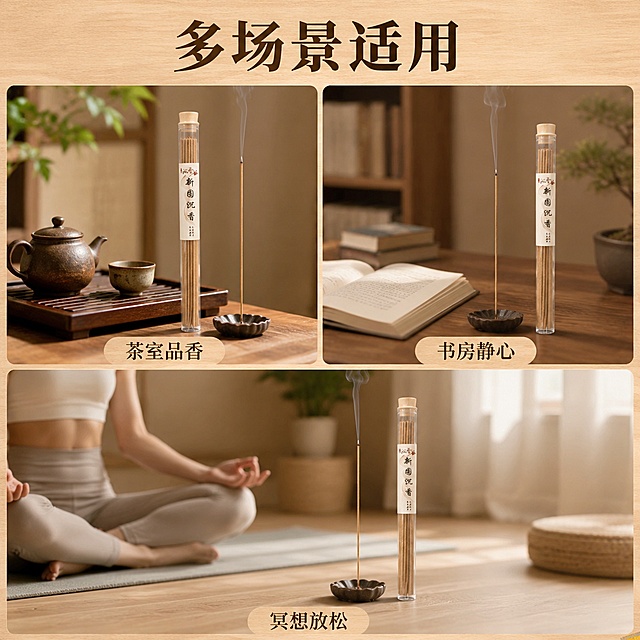 [主图-4] 新园沉香线香多场景适用宫格展示图
[氛围风格] 暖调自然实用风，简洁明了
[画质] 商业摄影质感、光线柔和通透、产品清晰真实、画面干净高级
[元素] 画面分为三宫格，分别展示沉香线香在三个不同日常场景的使用：左上茶室泡茶场景，右上书房阅读场景，下方卧室瑜伽冥想场景；每个场景都能看到新园沉香线香和香炉，保持产品外观颜色一致不变形。每个宫格保留细微浅色边框区分，画面整体背景为暖调浅木色
[光影] 每个场景光线保持统一暖调自然光，通透自然，明暗均匀
[配色] 整体暖木色调，每个场景配色自然和谐统一
[文字版式] 顶部大字主文案“多场景适用”，深棕色粗体；每个宫格下方标注对应场景名称：「茶室品香」「书房静心」「冥想放松」，小字清晰，不遮挡画面主体
[输出要求] 1:1比例，文字清晰锐利，超高清商业摄影质感
[负向提示词] 变形，文字错乱，产品图模糊，背景杂乱，水印，电商平台Logo，宗教迷信宣传