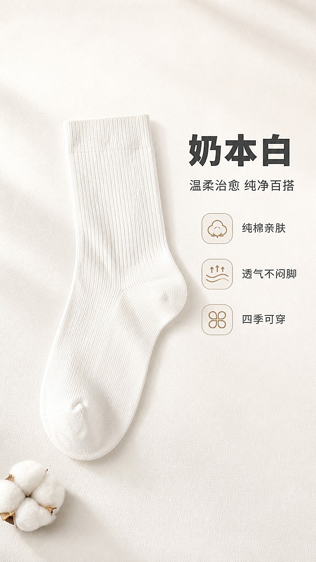[商品] 使用【图1】中的本白色中筒袜（第一行第五只），保留中筒版型、针织棉材质、本白颜色、袜口袜跟结构；商品处理：自然理顺袜型，增强针织纹理和棉线质感，去除原图格子线和文字标签，不改变袜子颜色和版型。
[画面] 页面目标：浅色系单款展示——本白色。画面中央偏左放大展示一只本白色中筒袜，呈自然倾斜摆放，袜口朝上；右侧留白放文字信息；产品占画面约55%；背景为柔和奶白色渐变，带细腻织物纹理；左下角点缀一小团棉线/棉花道具增强纯棉感；阅读动线从右到左。
[视觉] 套系策略：风格=极简高级日系杂志风；标题字=现代无衬线粗体（思源黑体Heavy）；正文字=简洁无衬线体（思源黑体Regular）；主色=莫兰迪灰调；背景延展=基于浅灰做深浅层级渐变、同色系柔和过渡和细腻纸张/织物质感；强调色=奶茶棕，仅用于小面积图标、引线和标签；标题色=深炭灰；正文色=中暖灰；组件=圆角浅底信息卡、细线引线、极简色标；光影=左前侧柔和漫射光，袜子底部带自然柔和投影。
[文字] 右侧区域上方放主标题"奶本白"，主标题下方放副标题"温柔治愈 纯净百搭"，再下方放3个短卖点：「纯棉亲肤」「透气不闷脚」「四季可穿」；文字横排，字号层级清晰，手机端可读；不遮挡袜子主体。
[规格] 图片比例9:16竖版，4K，避免变形、错字、文字过小、袜子颜色改变、版型失真、格子线、原图文字标签残留、冷蓝/蓝灰背景。