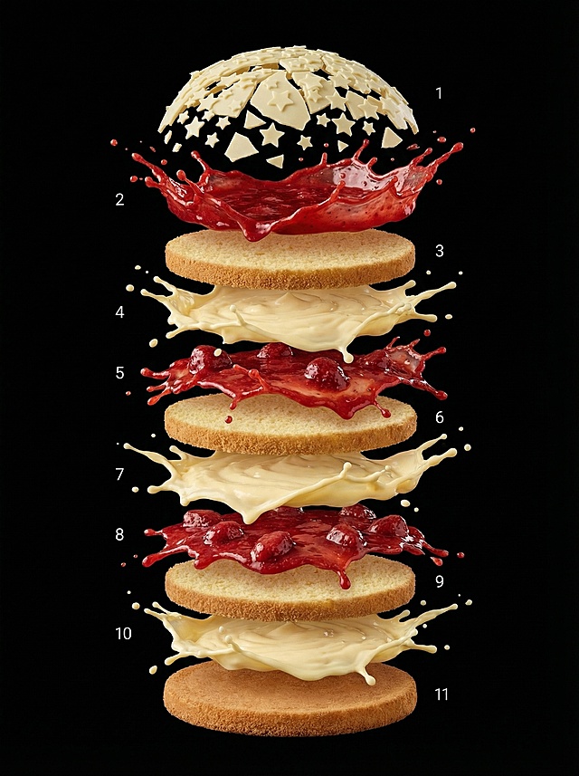 把图1的产品改成写实风格分层飘浮的结构图，顶层星星状白巧克力片组成的穹顶，2层喷溅的草莓酱，3层圆形蛋糕胚，4层喷溅状香草奶油，5层草莓酱+草莓果肉，6层圆形蛋糕胚，7层喷溅香草奶油，8层草莓酱+草莓果肉，9层圆形蛋糕胚，10层香草奶油喷溅，11层圆形蛋糕胚底，整体飘浮在中间，有喷溅的效果，图片比例3:4，黑色底