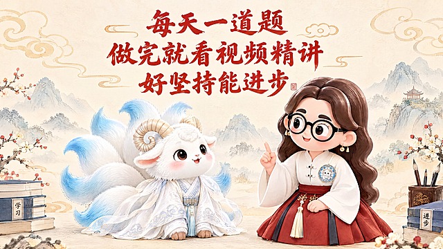 可爱国风教育横幅设计，尺寸1080x605像素。画面下半部分左侧是白色九尾小羊，右侧是戴眼镜穿汉服的女老师，两个形象大小协调，面对面站立。画面上半部分中间写三行字：每天一道题，做完就看视频精讲，好坚持能进步。字体是书法风格，朱红色。背景是浅米色，有淡淡的祥云和远山图案，整体清新可爱。