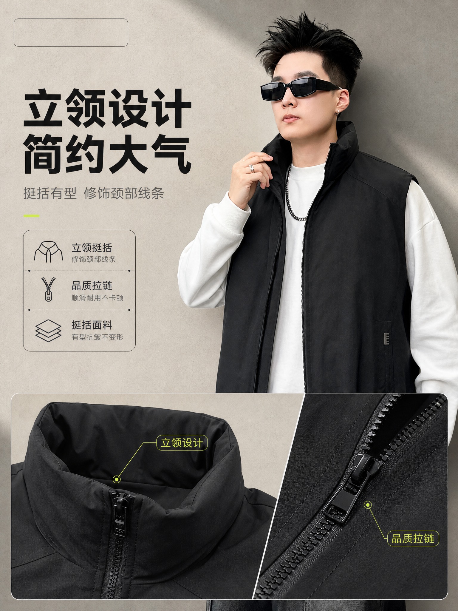 [主图-3] 立领拉链细节图：领口微距+上身效果结合，3:4竖… - 图片创意预览