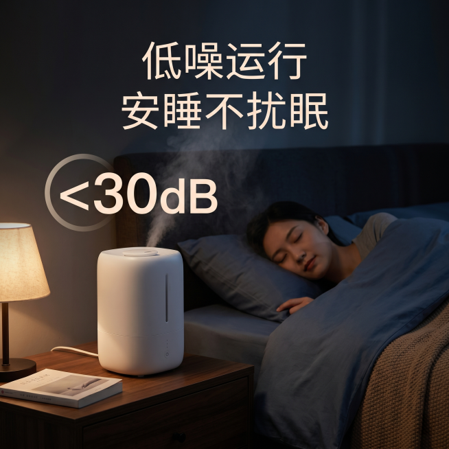 [主图-5]低噪运行安睡不扰眠卖点主图
[氛围风格] 深夜静谧温馨睡眠氛围
[画质] 暗调温馨夜景实拍，低噪氛围感拉满，画质细腻无杂色
[元素] 深夜静谧卧室实景，加湿器摆放在床头位置，整体暗光柔和氛预览效果