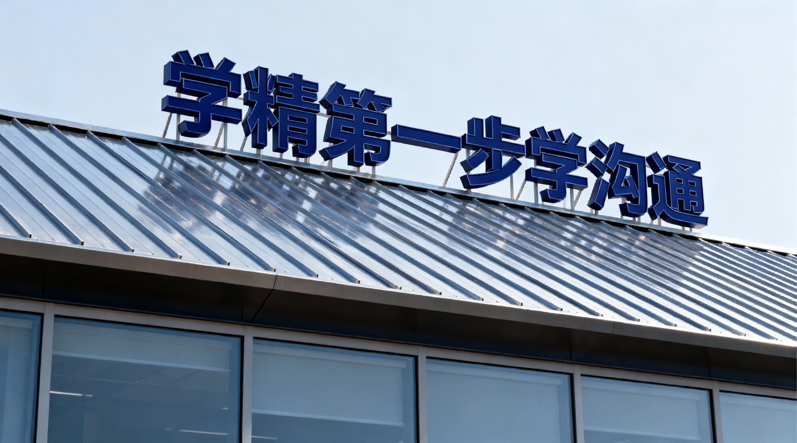 金属质感屋顶配立体招牌，深蓝主色调，招牌文字“学精第一步学沟通… - 图片创意预览