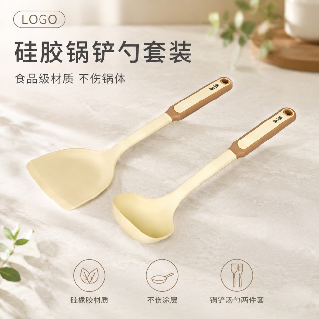 [单张主图] 柔韵锅铲勺两件套（食品级硅橡胶锅铲汤勺套装），高级氛围感主图，目标是突出食品级硅胶材质和不伤锅的实用卖点，吸引用户点击购买。
[画面主体] 主体为奶黄色硅橡胶锅铲和汤勺，两件产品斜向错落预览效果
