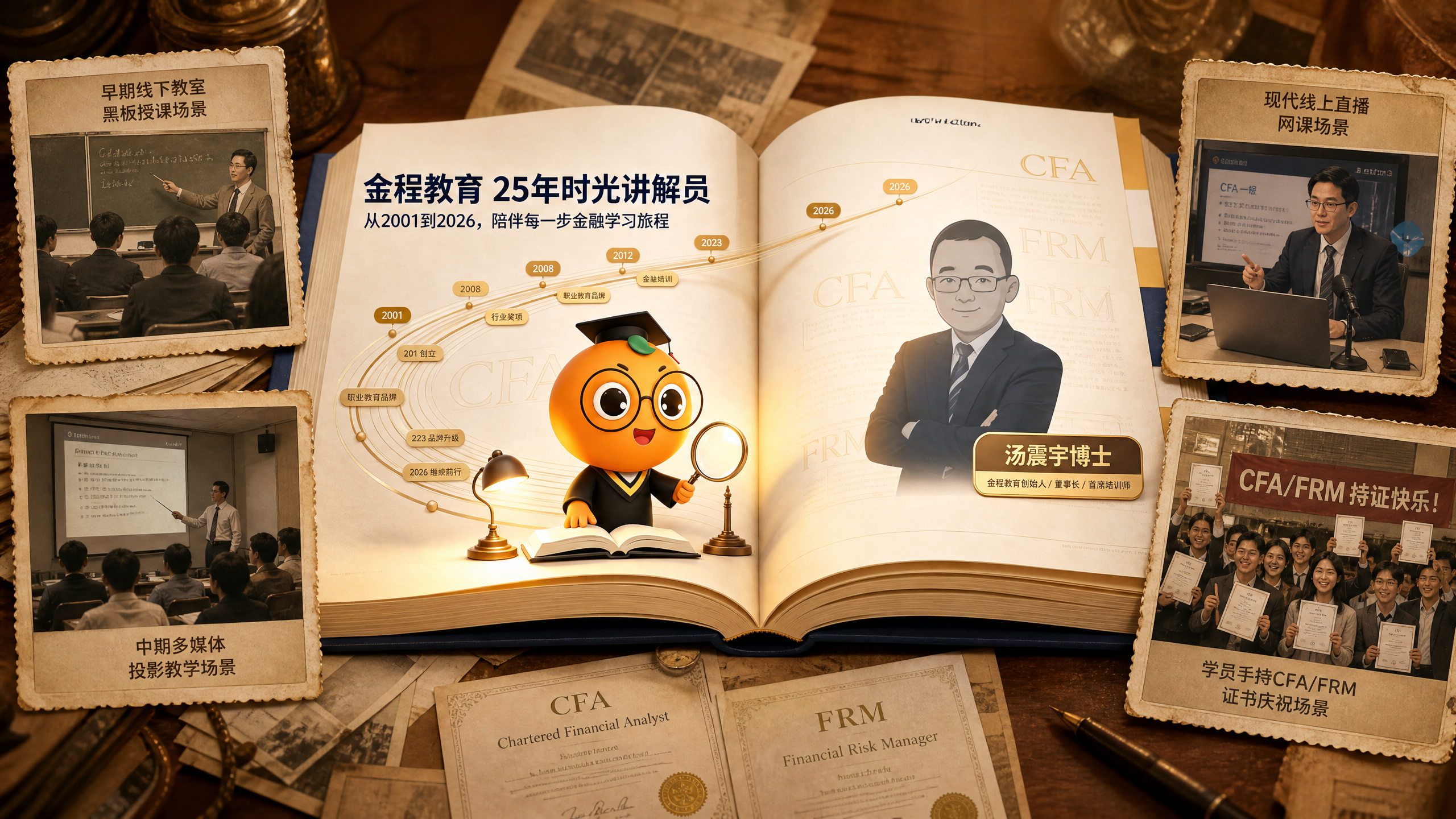 将书本周围的元素替换为不同时期的证书培训上课场景，包括早期线下… - 图片创意预览
