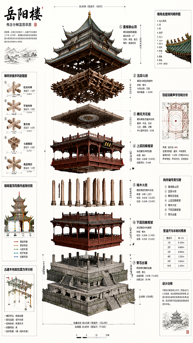 古典中式建筑解构图，3D重拟物风格呈现木雕与石刻细节，浮雕质感还原岳阳楼结构之美，融合传统工艺与现代设计，展现节日文化传承。