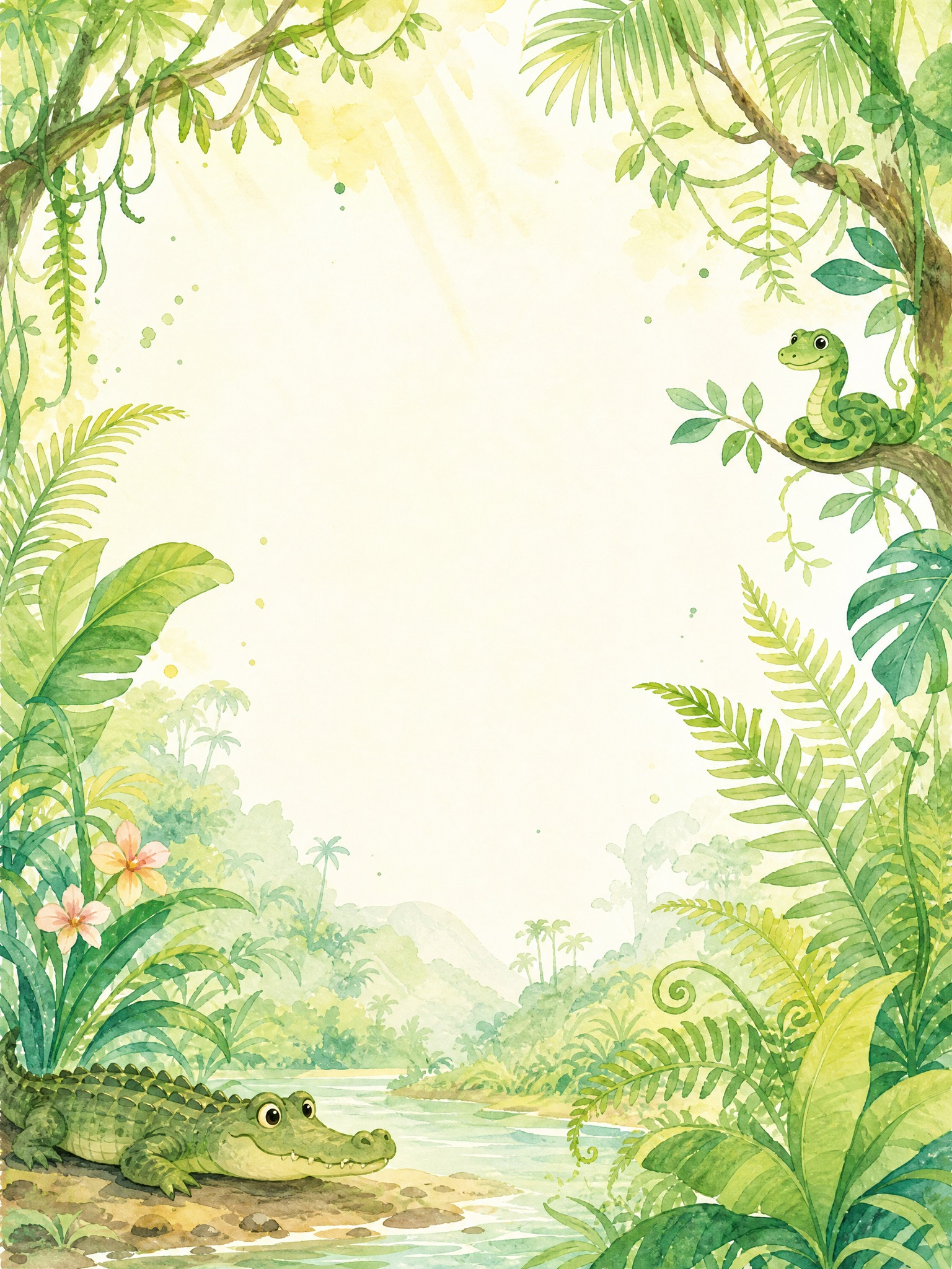 儿童作文集背景插画，亚马逊热带雨林探险主题，浅色明亮风格。画面… - 图片创意预览