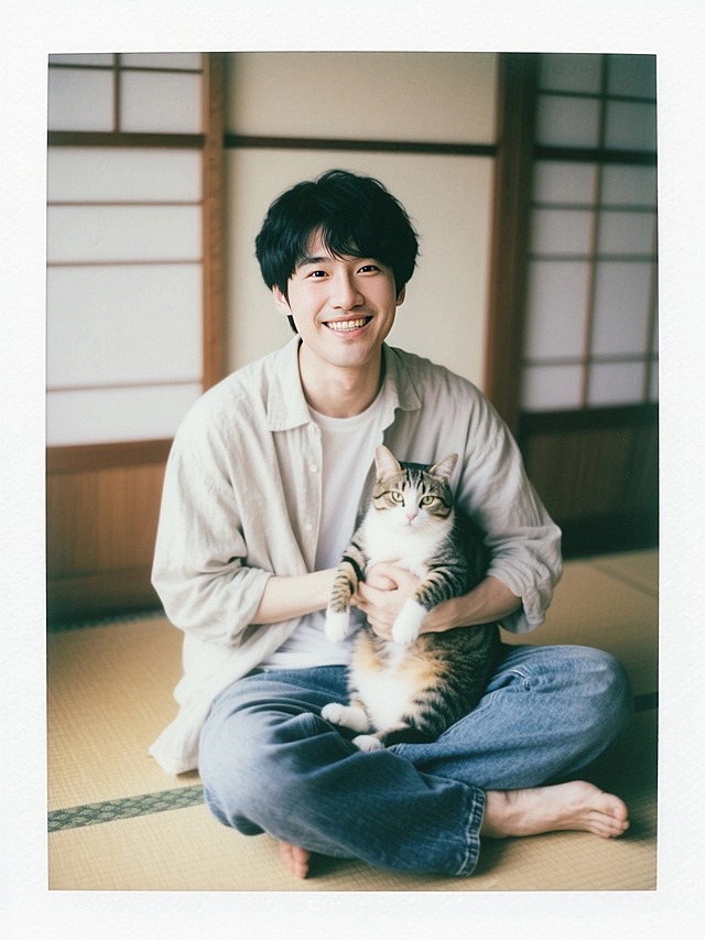 一个男生，坐在地上抱着猫咪，背景是日式榻榻米，拍立得边框