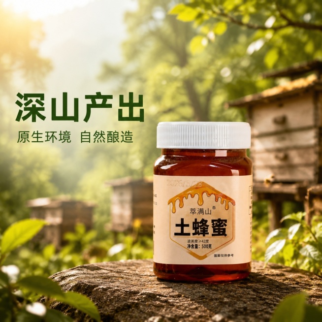[主图-5] 农家土蜂蜜产地溯源展示图
[氛围风格] 原生态产地氛围，真实可信
[画质] 商业摄影质感、光线柔和通透、产品清晰真实、画面干净高级
[元素] 整瓶土蜂蜜产品放置在前景，背景虚化融入山林蜂预览效果
