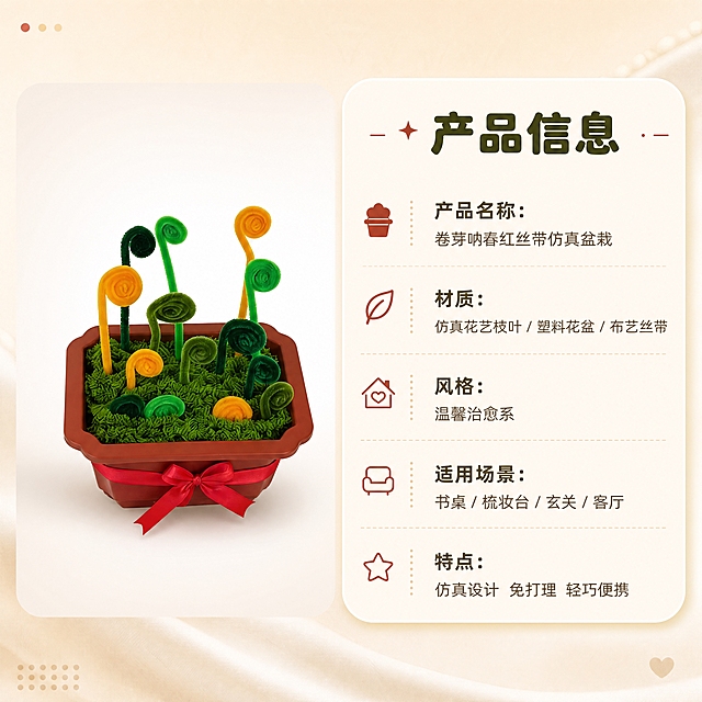 [商品] 使用【图4】单盆卷芽呐春红丝带仿真盆栽；保留棕红色方形塑料花盆、绿色仿真苔藓基底、黄绿深绿三色螺旋卷芽枝叶、花盆正面红色缎带蝴蝶结；保持产品结构、颜色、材质和比例不变。
[画面] 规格信息页，信息卡片型，左图右文布局；左侧产品标准照占画面45%，放置在纯白浅渐变背景上，底部有柔和投影；右侧为圆角信息卡区域；整体简洁清晰，萌系圆角软排版风格。
[视觉] 套系策略：风格=温馨治愈系家居软装商业摄影；标题字=阿里巴巴普惠体 圆润粗体；正文字=阿里巴巴普惠体 常规体；主色=暖米杏色；背景延展=基于暖米杏做深浅层级、同色渐变和细腻纸张/织物质感；强调色=砖红色（与红丝带呼应），仅用于小面积图标、引线和标签；标题色=深棕绿；正文色=暖灰棕；组件=圆角浅底信息卡、细线引线、圆点装饰；光影=均匀柔光，清晰展示产品。
[文字] 右侧圆角信息卡内，顶部主标题"产品信息"；下方分栏列出："产品名称：卷芽呐春红丝带仿真盆栽"、"材质：仿真花艺枝叶 / 塑料花盆 / 布艺丝带"、"风格：温馨治愈系"、"适用场景：书桌 / 梳妆台 / 玄关 / 客厅"、"特点：仿真设计 免打理 轻巧便携"；文字全部横向排版，信息清晰易读，不遮挡产品。
[规格] 图片比例1:1，4K，负向提示：避免变形、错字、文字过小、冷蓝背景、产品颜色改变、结构失真、极限词、违禁词、平台Logo、标志图案、天然环保原生态字样。