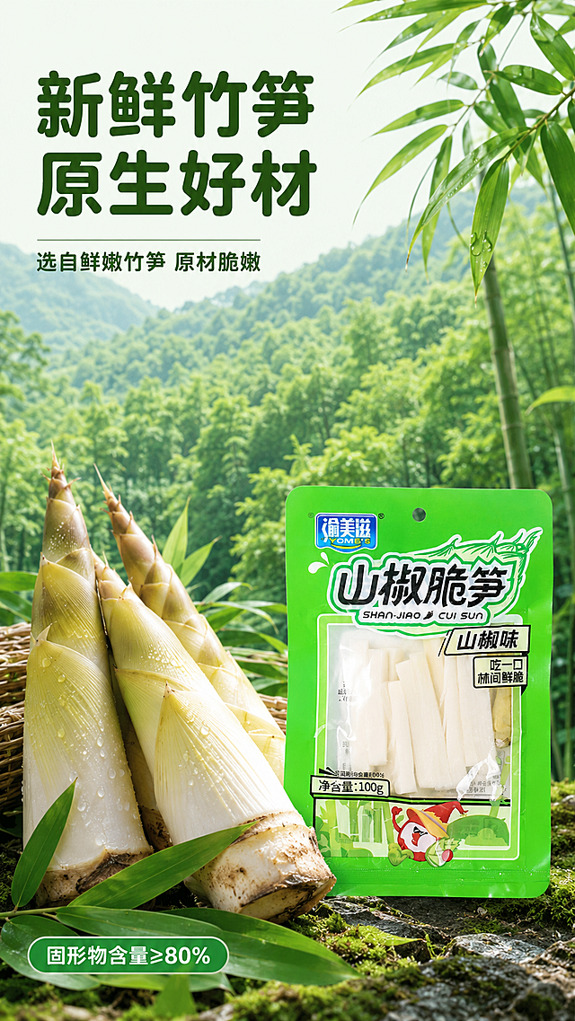 使用电商详情页技能根据商品图「图片1」「图片1」「图片1」「图片1」生成1套详情页，参考图为，商品名称为山椒脆笋，卖点为口感脆嫩；酸辣爽口；低卡零脂，适配平台为京东，图片比例为9:16，需求屏数为8张，模块包含 ，其他要求为