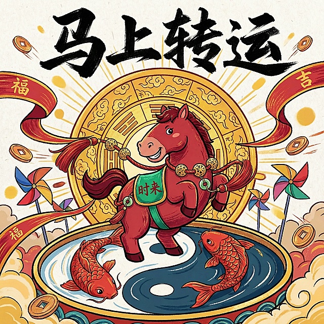国潮风融合卡通拟人手法，红马跃于太极锦鲤池，鎏金钱币环绕，水墨笔触点缀，喜庆祥瑞，寓意“马上转运”。