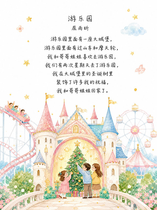 儿童诗插画，温暖治愈水彩风格，上方居中包含完整文字"游乐园
屈雨昕
游乐园里面有一座大城堡，游乐园里面有过山车和摩天轮，我和哥哥姐姐喜欢去游乐园，我们有两次星期天去了游乐园，我在大城堡里的圣诞树里装饰了许多我的祝福，我和哥哥姐姐回家了。"，下方画面是游乐园场景，有大城堡、过山车、摩天轮，一个小女孩和哥哥姐姐在城堡里的圣诞树旁，整体风格和参考图一致，清新简约插画，白色背景