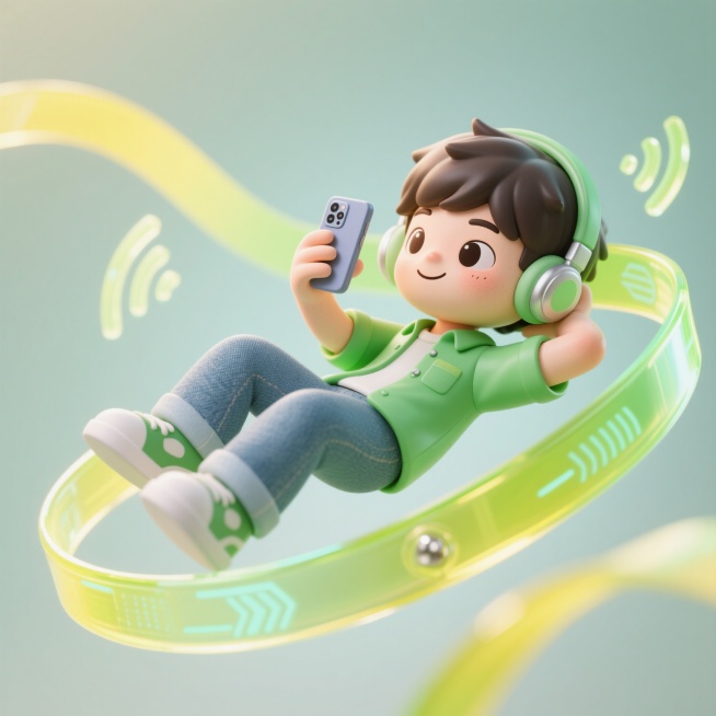 3D卡通风格，20岁左右的男生，飘在空中，惬意躺着的姿势，面带微笑，一只手拿着手机看视频，另一只手放在脑后，头戴耳机，身穿草绿色衬衫和牛仔裤，人物周围环绕着半透明的黄绿渐变丝带，丝带带有科技感的信号纹预览效果