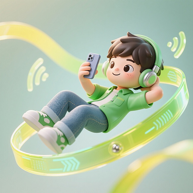 3D风卡通男孩悬浮于透明玻璃质感轨道，佩戴耳机畅享音乐，未来感科技线条环绕，塑料光泽与虚拟现实元素交织，清新绿调营造轻盈梦幻氛围。
